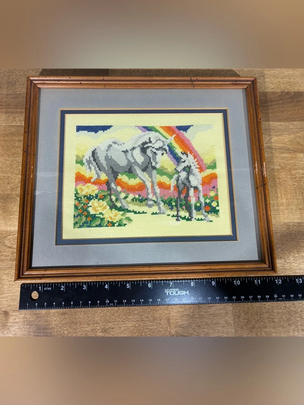 Vintage Handmade 1985 Unicorn Needlepoint Cottagecore Framed Art